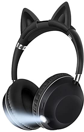 Wireless Bluetooth Kids Headphones Cat Ear With Noise Cancelling Microphone Volume Control Light Support FM Radio/TF Fitness Earbuds (Black, One Size)