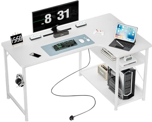 LUCKRACER L Shaped Desk with Power Outlets, 110 * 80cm Gaming Corner Computer Desk with Storage Shelves, Headphone Hook, PC Table Workstation for Study Play Work Home Office, White