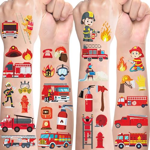Feuerwehr Tattoos für Kinder,10 Blätter Kindertattoos Hautfreundlich Feuerwehrmann Tattoo Kinder Jungen Cartoon Feuerwehrauto Sticker,Mitgebsel Kindergeburtstag Geschenke Party Deko Feuerwehrfest Deko