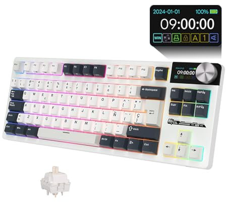 RK ROYAL KLUDGE RK S85 ISO-ES -Teclado Mecánico Gaming 80% -Teclado Inalámbrico en Español -Pantalla LCD -RGB -Bluetooth/2.4G/USB-C -Hot-Swap -Mac/Windows -Mod: White Night/Switch Tactil Beige.(Brown)