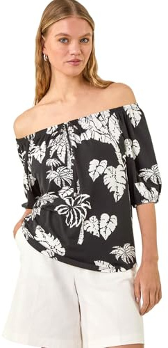 Roman Bardot Top Off Shoulder Blouse for Women UK - Ladies Floral Print Shirt Palm Leaf Tropical Ditsy Cold Shoulder Jersey Frill Cuff Summer Spring Holiday - Noir Leaf - Size 10