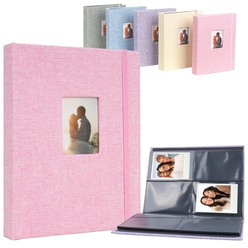 CROUTE Fotoalbum bietet Platz für 208 Fotos, Albumhülle aus Baumwolle und Leinen mit Frontfenster und Befestigungsgurten, Fotobuch zum Einstecken für 3-Zoll-Fotos (Rosa)