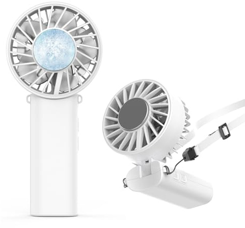 LUTW Turbo Handventilator Akku Aufladbar, Doppel Motor Tragbarer Ventilator mit Kühlung, 3-in-1 Hand, Hals& Tischventilator, 120° Faltbar Turbo Ventilator für Reisen Outdoor, Weiß