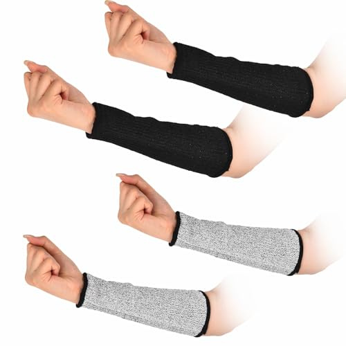 2 Paar Schnittfeste Ärmel für Arme, Unterarmschutz Arm Sleeves Herren Damen Bequem und atmungsaktiv Protective Arm Sleeves 21 cm Schutzärmel, Schutzstufe 5 für Kochen Gartenarbeit (Schwarz + Grau S)