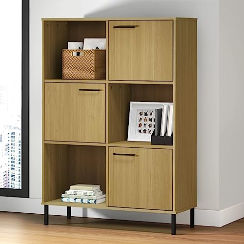 Holamys Oslo Bücherregal, Massivholz Kiefer Braun, 90x35x128,5 cm, 6 Fächer, 3 Türen, Metallbeine, Robustes Standregal für Wohnzimmer, Büro, Schlafzimmer