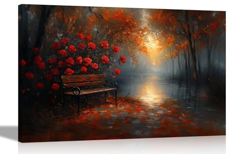 Artley Prints - Rose Flower with Bench in Autumn Park Canvas Prints Wall Art Pictures Home Living Room Bedroom Artwork Extra Large 101 x 76cm (40 x 30 inches)