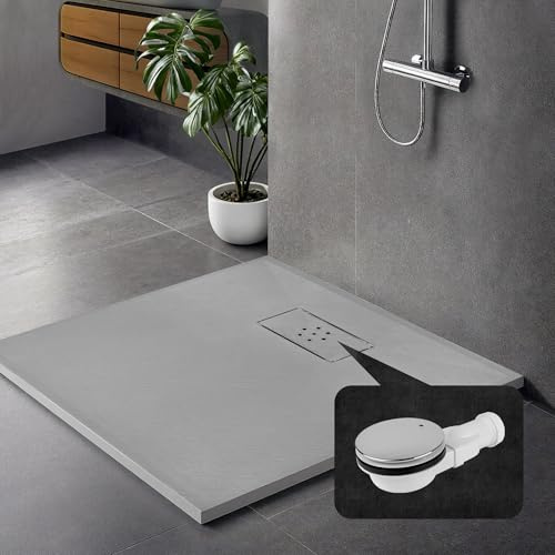 JWS Design Duschwanne Steinoptik SMC Antirutsch flache Duschtasse mit Ablaufgarnitur aus Edelstahl – ultraflach 26 mm – für bodenebene oder Aufputz Montage, Anthrazit, 90 x 110 cm