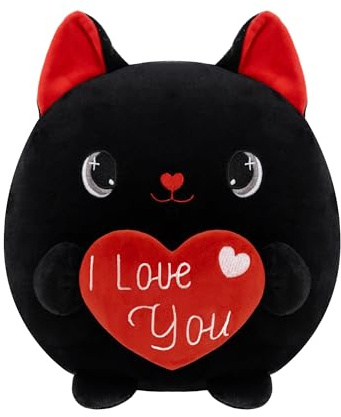 Xfrog Plüschtier Katze 25cm mit Herz Kawaii Kuscheltier Schwarze Katze Plüsch Stofftier für Kinder Geburtstag, Valentinstag, Freundin