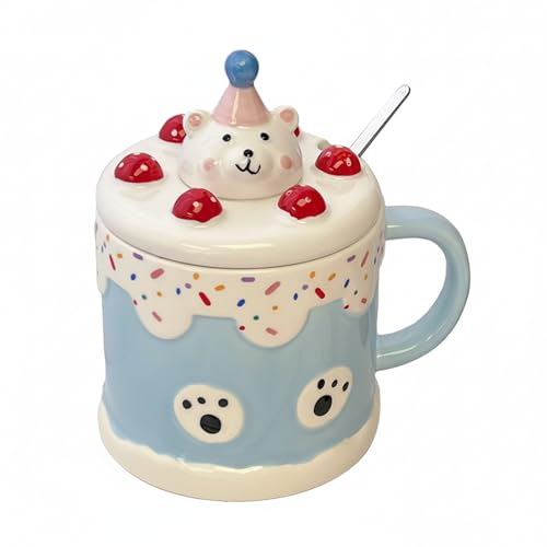Bibykivn Cute Mug with Lid and Spoon, 450ml Cute Coffee Cup for Women, Gift Idea with Stainless Steel Spoon for Milk, Coffee, Gift for Birthday and Christmas (Blue)