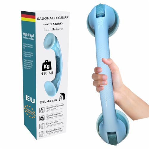 Senioren Duschstange [42 cm] Haltegriff mit Saugnapf [110kg] Geschenke für Senioren die Duschstange ohne Bohren | Haltegriffe für Senioren die Aufstehhilfe mit Handlauf für Duschhocker Badezimmer