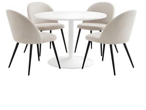 ebuy24 Essgruppe mit 4 Stühlen - Carry Skagen Ø110 cm runder Esstisch Oberfläche Weiß Bezug Beige Velours rund platzsparend kompakt modern Wohnküche Esszimmer Sitzgruppe Essplatz Esszimmergruppe