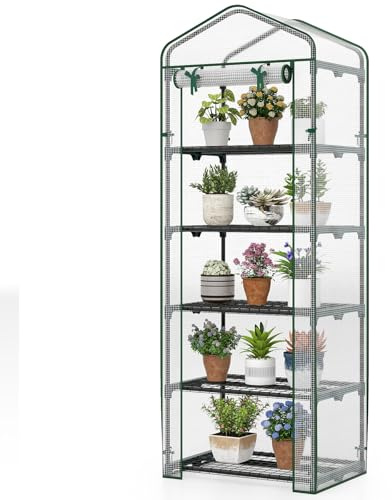 HOMASIS Invernadero de jardín con estantes, invernadero de balcón con puerta enrollable con bisagra, estantería ajustable para plantas de acero, miniinvernadero para huerto de invierno (transparente