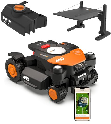 WORX Vision Cloud 4WD WR342E Robot Tondeuse 2000 m² sans Fil périphérique + Garage + Cut-to-Zero (évitement d'obstacles par IA, Navigation VSLAM + RTK Cloud, Pente de 84%, cartographie Automatique)