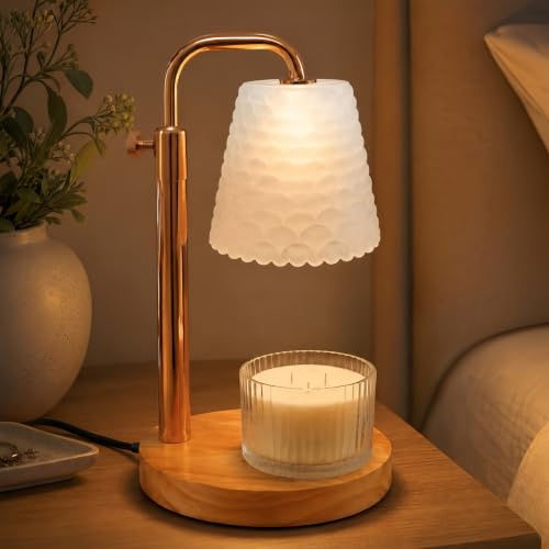QUIGO Candle Warmer Lamp with Timer Dimmable Adjustable Height Fish Scale Pattern Glass Lampshade Electric Wax Melter for Scented Desk Table Candles Night Light Room Decor Warming Gifts for Women