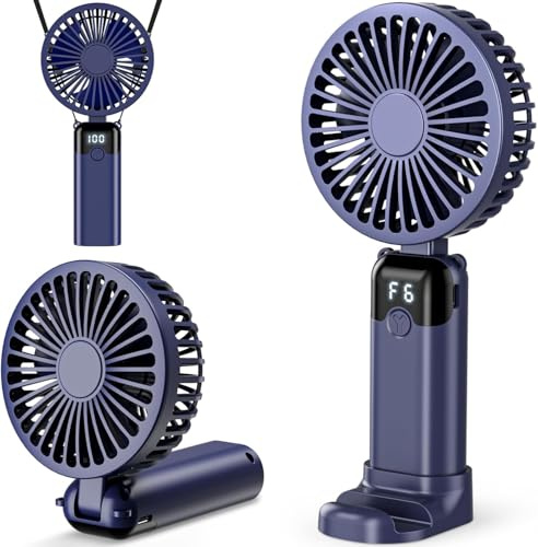 Ventilateur Portable USB Rechargeable, Petit Mini Ventilateur à Main avec 6 Vitesses, Batterie 4000 mAh, écran LED, Ventilo Portable Pliable Pour Bureau, Maison, Voyage Extérieur, Cadeau d’été –Bleu