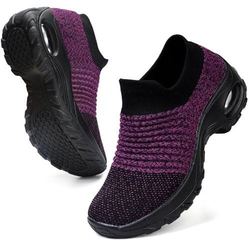 HKR Slip on Womens Trainers with Arch Support Comfortable Orthopedic Shoes for Women Plantar Fasciitis Non Slip Ladies Nurse Work Shoes Black Purple UK 5.5