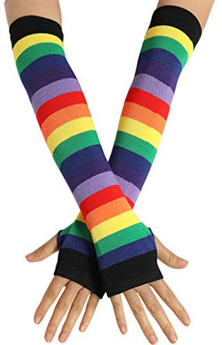 qingqingR Frauen Mädchen Gestrickt Über Ellenbogen Lange Armlinge US Flagge Regenbogen Streifen Patchwork Fingerlose Handschuhe Mit Daumenloch Party Kostüm
