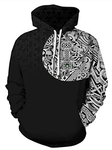 ENLACHIC Men's Viking Tattoo 3D Digital Print Hoodies Pullover Sweatshirt, Thor's Hammer, 4XL
