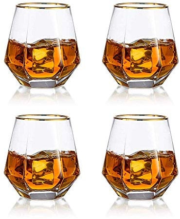 Diamond Whiskey Glasses Set of 4 Water Juice Tumbler Tilted Scotch Glass 300ml Whisky Glass Modern Look Glassware for Bourbon/Rum/Bar Tumbler