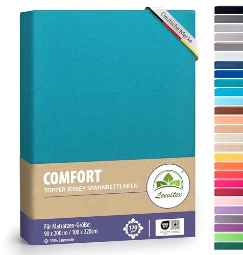 leevitex Premium Topper Boxspringbett Spannbettlaken | 100% Mako-Jersey-Baumwolle | ÖKO-TEX | 170g/m² | 90 x 200-100 x 220 cm | Petrol/Seegrün | 18 cm Steg