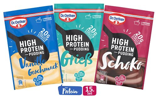Dr. Oetker High Protein Pudding-Pulver im 15er Probier-Set – Cremepuddinge fettarm, ohne Zuckerzusatz und ballasstoffreich, in den Sorten Grieß, Schoko und Vanille