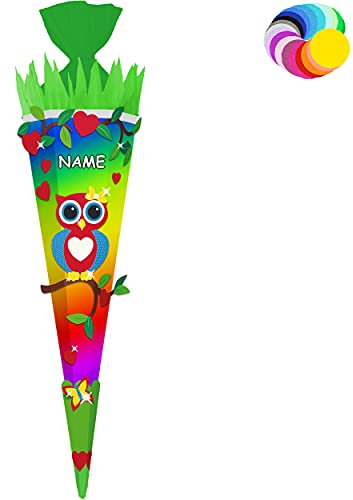 alles-meine.de GmbH Bastelset - Schultüte Farbe & Größe wählbar 70/85 / 100 cm - lustige Eule - inkl. Name - Farbe frei wählbar - Bastelschultüte - Zuckertüte zum selber Ba..