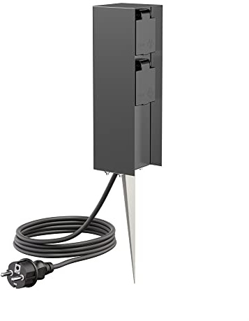 ledscom.de Garten-Steckdosen-Säule POMI mit Erdspieß und 2m Kabel für außen, IP44, 2-Fach, anthrazit, eckig, 23cm