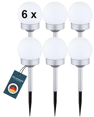 bmf-versand Solarlampen für Außen Kugel mit LED 6er Set - Solarleuchten Garten Deko 6 Stück - Gartendeko Solar Groß - Außenlampe Weiß Rund Spieß - Wegeleuchte Höhe 30 cm