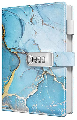 Huamxe Diary with Lock, Personal Locking Journal for Women girls, Leather Hardcover Notebook A5 5.9 x 8.7, 200 Pages Thick Paper, Cute Lined College Ruled Journals for Writing Journaling,Blue Marble