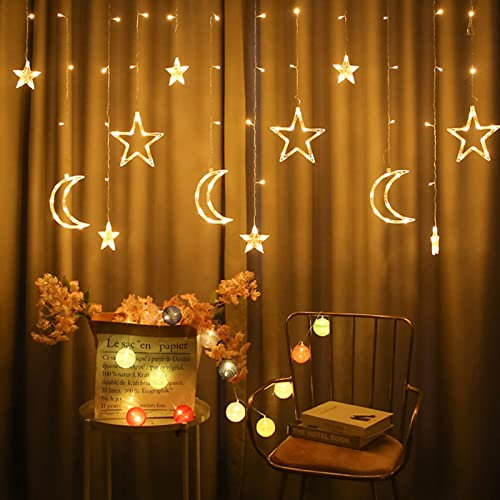 Haofy 126 LED Sternenlichter, Batteriebetriebene Twinkle Star Moon Lichterketten, Vorhang Lichterketten für Ramadan Fenster, Hochzeit, Garten, Weihnachtsdekoration, mit 2