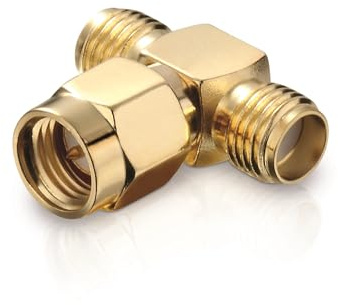 conecto SMA-Adapter, T-Stück, 1x SMA-Stecker mit Pin auf 2X SMA-Buchse ohne Pin, Adapter zur Erweiterung von SMA-Anschlüssen, vergoldet