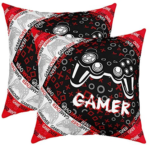 Set of 2 Gaming Throw Pillow Covers Geme Sports Cushion Case for Home Living Room Decor Reversible Modern Game Console Controller Red Black Geometry Pattern Decorative Throw Cushion Case 18x18 Inch