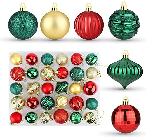 30 Stück Weihnachtskugeln Ornamente Gold Rot Grün Christbaumkugeln Set Hängende Weihnachtlichen Ornament Glitter Shatterproof Weihnachtsbaumkugeln für Weihnachten Hochzeit Party