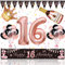 16. Geburtstag Mädchen Deko, Magiccute Geburtstagsdeko Mädchen Frauen Lange Happy Birthday Banner Girlande Wimpel und Schwarz Rosegold Konfetti Luftballons Deko Set