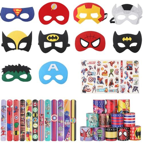 Mooshy Superhelden Masken Set für Kinder - 10 Filz Masken, 12 Armbänder, 4 Aufkleber - Batman Maske für Cosplay und Party Maskerade