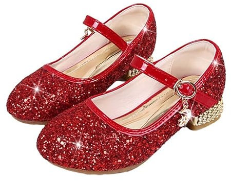 Girls Princess Dress Shoes Kids Girl Party Wedding Princess Mary Jane Shoes Sequins Bridesmaids Shoes Sparkle Heels Shoes for Wedding Dancing Party Red
