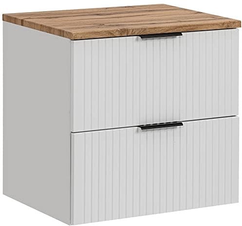 Lomadox Badezimmermöbel Waschtisch-Unterschrank 60 cm matt weiß mit gerilllter Front, Wotaneiche, Waschbecken Badschrank mit 2 Softclose-Auszügen, B/H/T ca. 60,6/59,2/46,5 cm