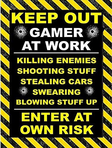 Plaque d'avertissement murale vintage Keep Out Gamer at Workl en métal - Panneau de sécurité extérieur et intérieur - 20,3 x 30,5 cm