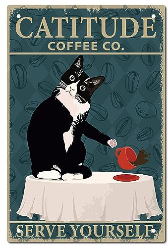 CREATCABIN Schwarze Katze Vintage-Schild,Metall-Blechschild,Poster,CATITUDE Coffee CO Serve Yourself,Retro-Gemälde,Plakette,Eisenschild,Wanddekoration,Kunstwandgemälde,Aufhängen Für Café,Büro,30x20cm