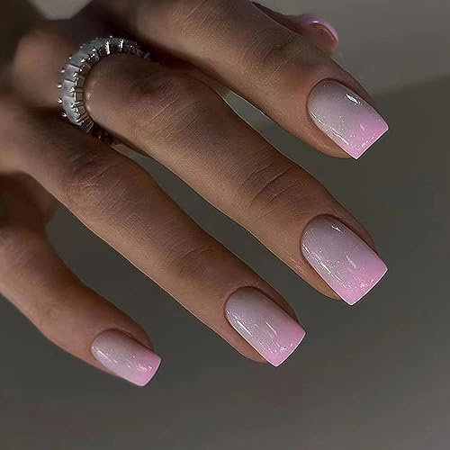 24 Stück Press on Nails Kurz, Rosa Gradient Eckig French Künstliche Nägel, Acryl Full Cover Nägel Zum Aufkleben mit Nagelkleber Aufkleber, Fingernägel Kunstnägel Fake Nails für Frauen & Mädchen