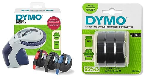 DYMO Prägegerät mit 3 Prägebändern | Omega Beschriftungsgerät-Starterset & Original Prägeband | 3D weiß auf schwarz | 9 mm x 3 m