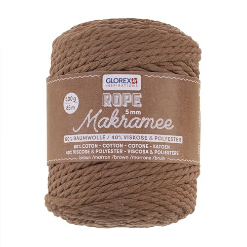 GLOREX 5 1007 21 - Makramee Rope 5 mm, 500 g, Braun, Länge 85 m, superweiches Textilgarn aus 60 % Baumwolle, 40 % Viskose, zum Häkeln, Stricken, Knüpfen und textilen Gestalten