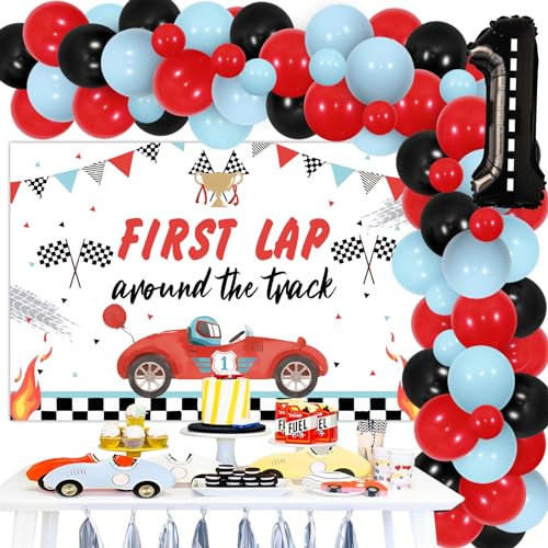Sursurprise Fast One Birthday Decorations Race car 1st first birthday party supplies first lap around the track backdrop balloon garland arch kit vintage racing car one year old bday decor