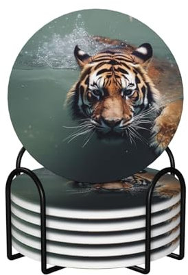 Keramik-Untersetzer für Getränke, runde Form, Getränkeuntersetzer mit Metallhalter, Tiger, Schwimmen, Keramik-Untersetzer, 6 Stück, Getränkeuntersetzer, Unterseite aus Kork, Steinuntersetzer für