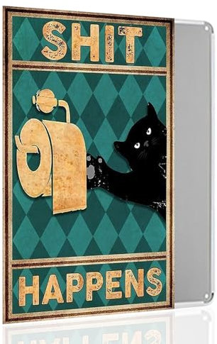 Pautdeer Metallschild im Vintage-Stil, schwarze Katze, Shit Happens, lustige Katzen, Wanddekoration, Badezimmer, Retro-Katze, Metallschild, Wandkunst, Katzen-Poster, Heimdekoration für