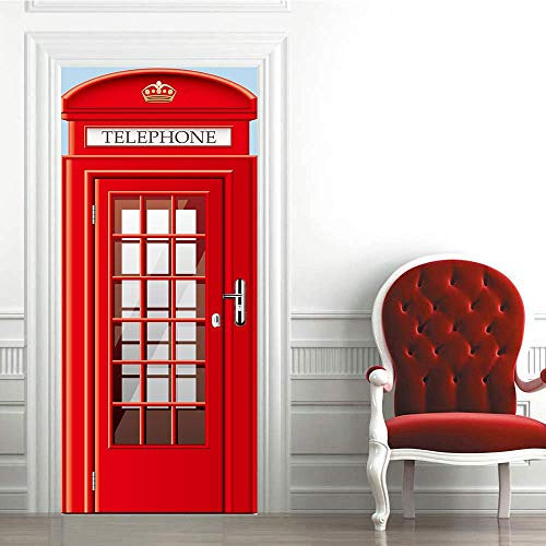 Abstract Art Door Sticker, Peel and Stick Vinyl Door Decals, British Phone Booth in London, United Kingdom - Wall Decal Art 3D Wallpaper