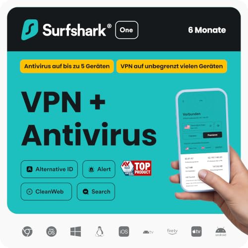 Surfshark ONE | Unbegrenztes VPN | 6 Monate | VPN+Antivirus | Digitaler Code