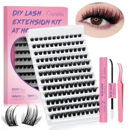 Crislashes Kit Extension Cils 144pcs Faux Cils Individuel D Curl de 10-18mm, Faux Cils Kit con Colle et Scellant pour Cils et Pince à épiler, DIY Extension Cils Kit (3pcs)