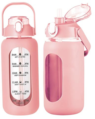 Bouteilles d'eau avec paille, bouteille d'eau en verre de 32 oz avec paille, marqueur temporel et manche en silicone, bouteille d'eau de paille, bouteille de boisson sportive pour fitness (rose)