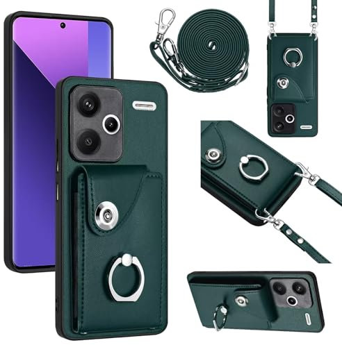 xinyunew Handyhülle für Redmi Note 13 Pro Plus 5G Hülle mit Band Kartenfach Handykette Geldbörse,360 Grad Ringhalter Stand Kartenfach,Leder Klapphülle Handytasche für Redmi Note 13 Pro Plus 5G-Grün